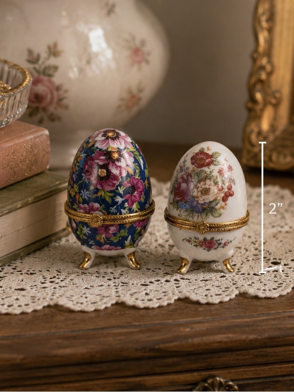 Vintage Floral Porcelain Egg Trinket Boxes Set of 2 Hinged Keepsake Decor
